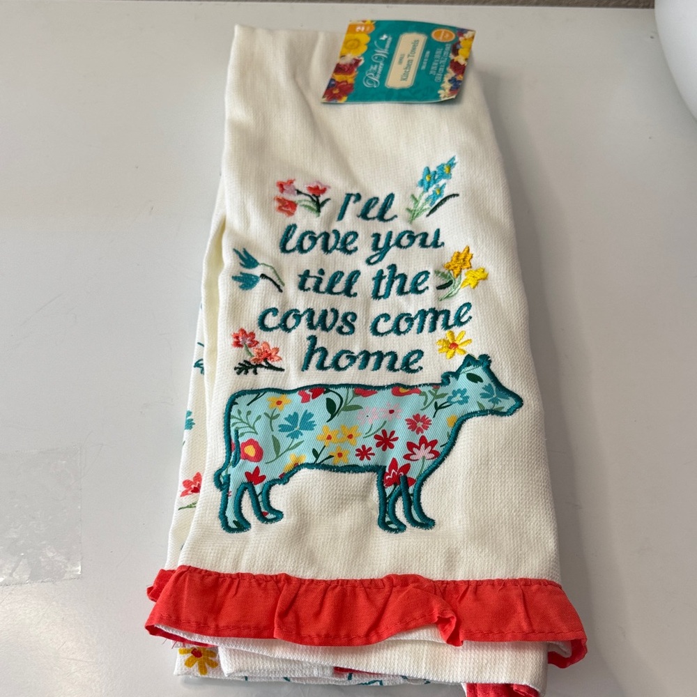 Floral Cow Kitchen Towel with Red Trim